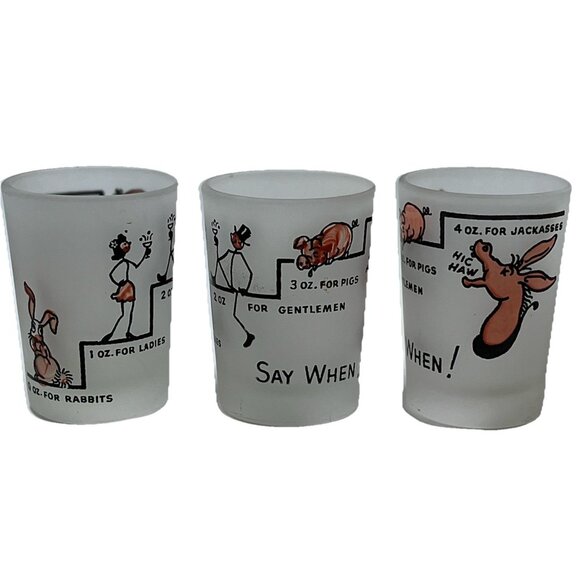 Vintage Hazel Atlas Shot Glasses Frosted Say When Rabbits Jackasses Set Of 3 - Picture 1 of 14